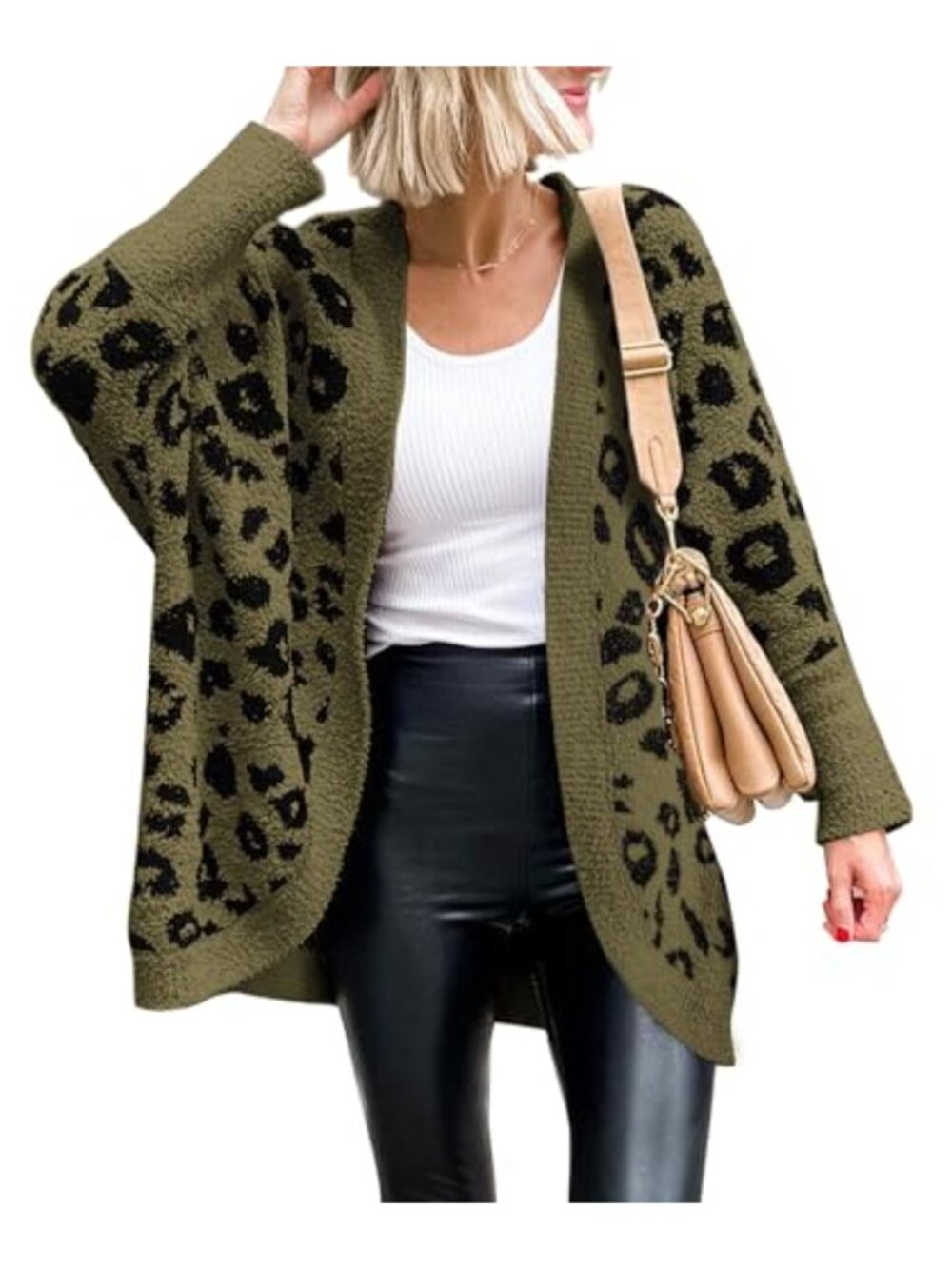 BTFBM Leopard Print Batwing Long Sleeve Loose Knit Cardigan Sweater
